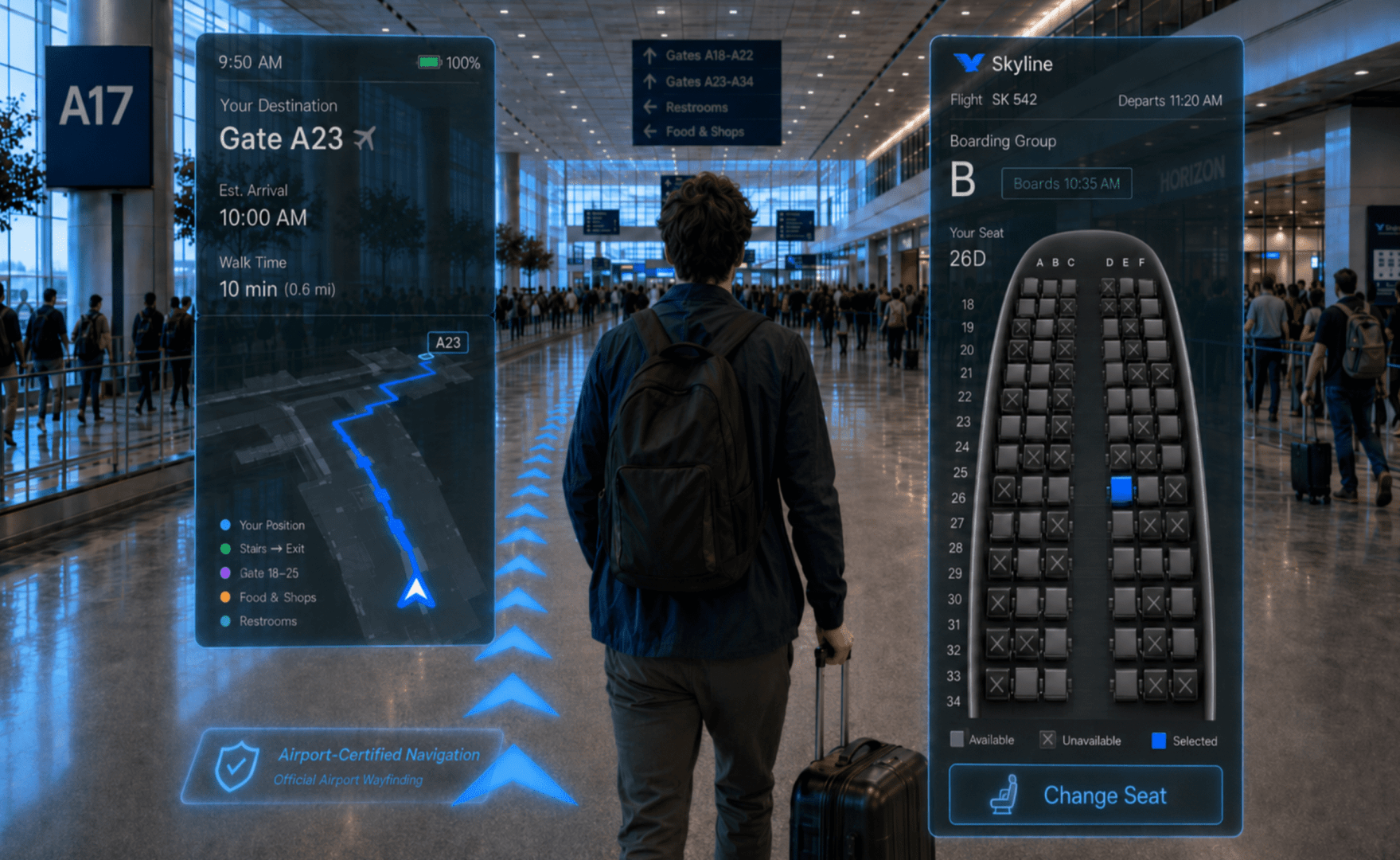 a traveler walks through a spacious airport terminal with high welllit ceilings and large windows a digital display indicates flight information and gate details while an interactive navigation overlay guides toward gate a23 showcasing vibrant blue graphics digital production A traveler walks through a spacious airport terminal with high, well-lit ceilings and large windows. A digital display indicates flight information and gate details, while an interactive navigation overlay guides toward Gate A23, showcasing vibrant blue graphics.