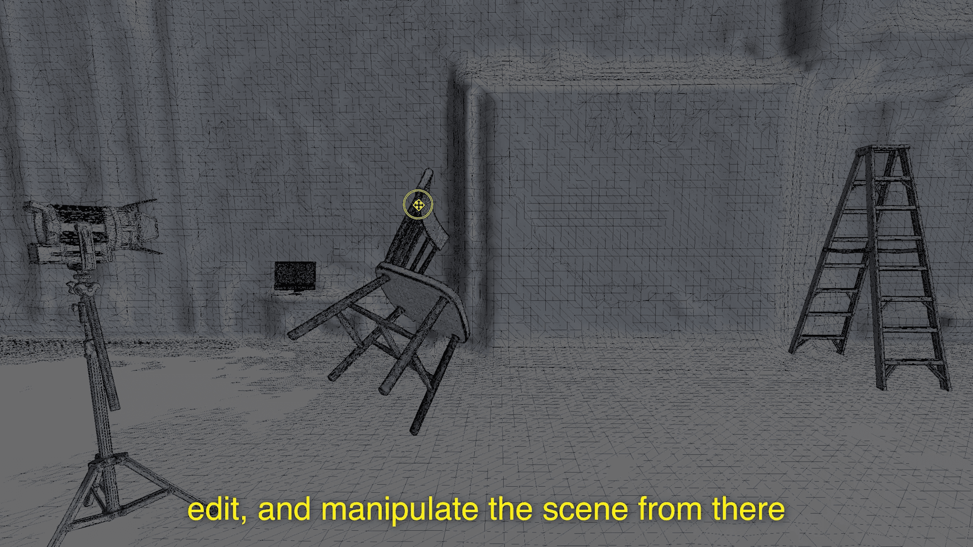 a dimly lit studio workspace captures a floating wooden chair suspended midair against a textured wall beside it a tall ladder leans against the wall while a spotlight casts dramatic shadows a glowing monitor displays text suggesting creative possibilities digital production A dimly lit studio workspace captures a floating wooden chair, suspended mid-air against a textured wall. Beside it, a tall ladder leans against the wall, while a spotlight casts dramatic shadows. A glowing monitor displays text, suggesting creative possibilities.