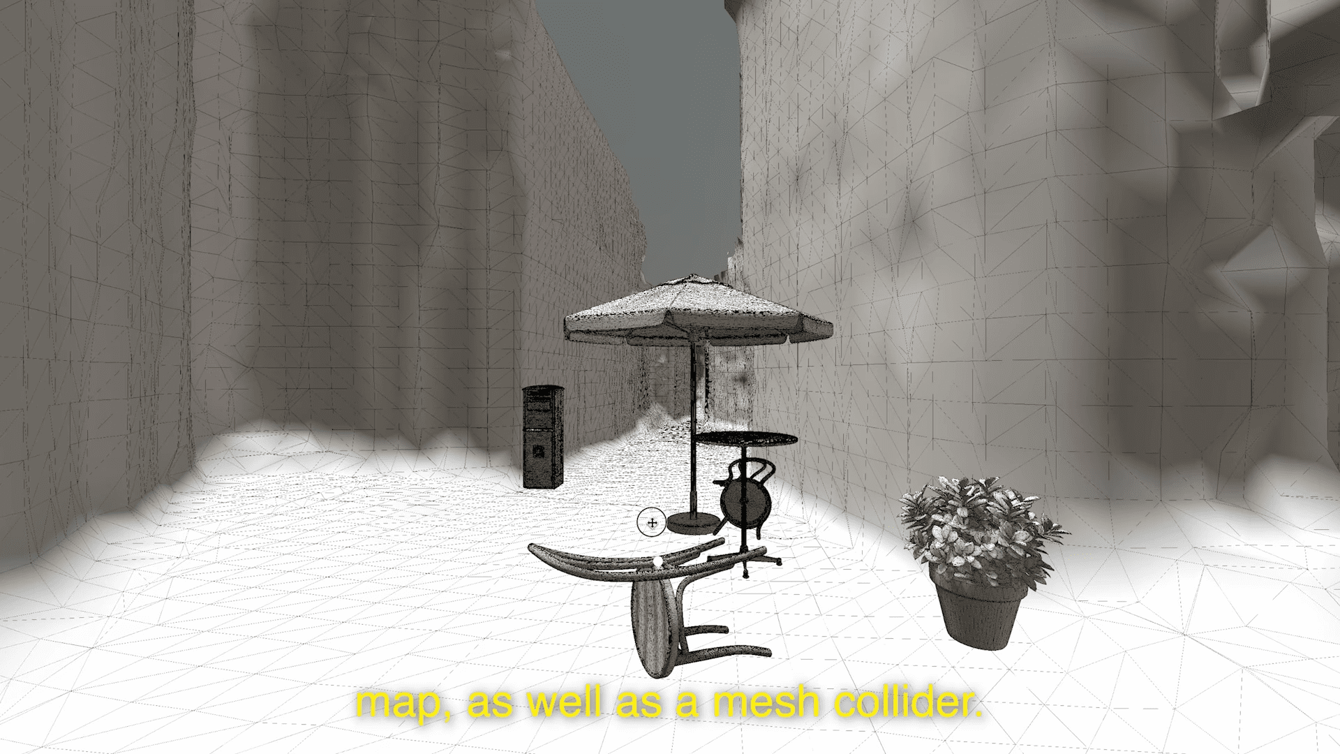 a monochromatic 3d rendering of a narrow alleyway features a stylish café table with a vintage umbrella and a potted plant surrounded by textured walls the ground is depicted with a geometric mesh pattern contributing to a modern architectural atmosphere digital production A monochromatic 3D rendering of a narrow alleyway features a stylish café table with a vintage umbrella and a potted plant, surrounded by textured walls. The ground is depicted with a geometric mesh pattern, contributing to a modern, architectural atmosphere.
