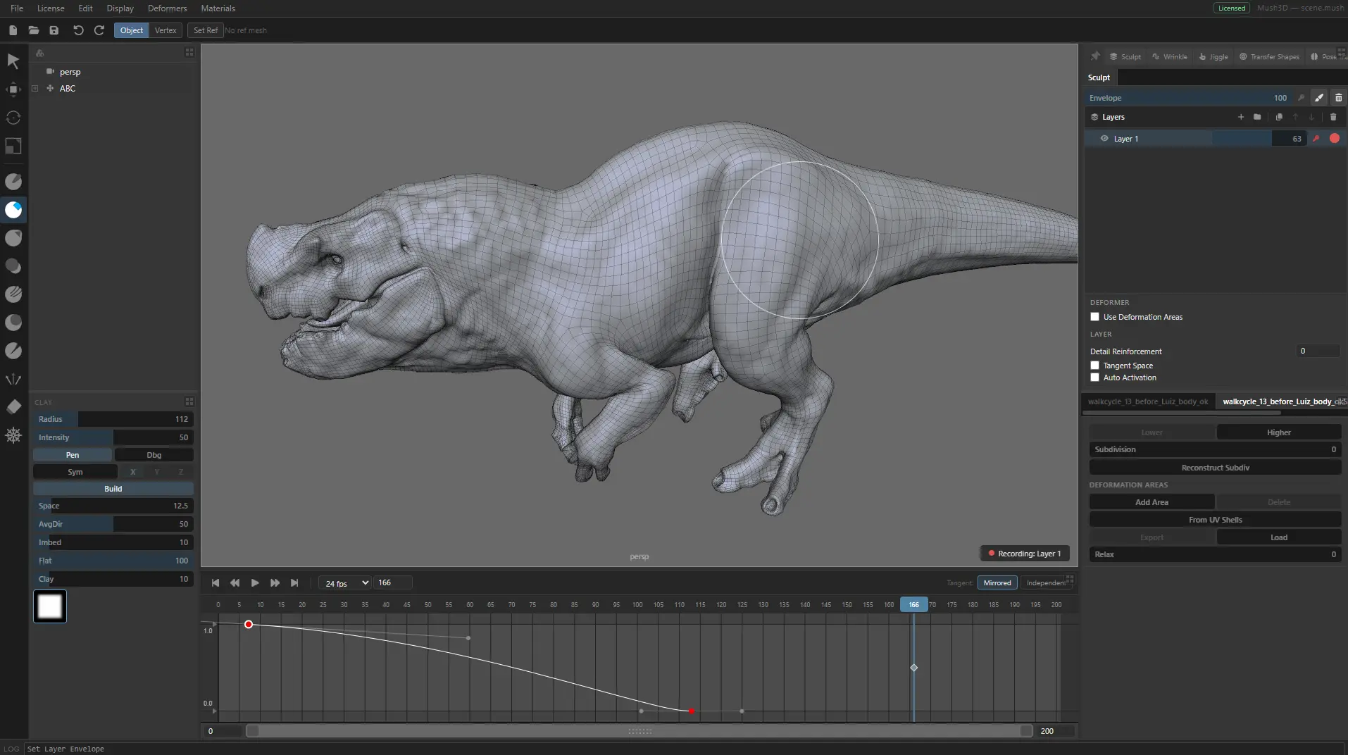 a detailed 3d model of a tyrannosaurus rex presented in a grayscale wireframe design showcases its muscular form and massive head the sculpting environment features various tools and panels on a dark interface enhancing the digital art space animations are displayed below indicating the models movement digital production A detailed 3D model of a Tyrannosaurus rex, presented in a grayscale wireframe design, showcases its muscular form and massive head. The sculpting environment features various tools and panels on a dark interface, enhancing the digital art space. Animations are displayed below, indicating the model's movement.
