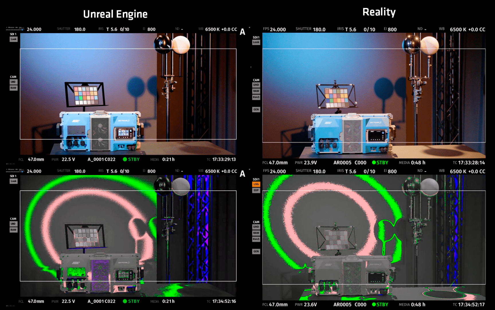 a splitscreen comparison showcases two vivid renderings of a scene the left side illustrates a digital representation created with unreal engine featuring a subtle blue backdrop while the right side presents a realistic setup with warm amber lighting in both halves various studio equipment illuminated spheres and colorful light trails create a dynamic visual experience digital production A split-screen comparison showcases two vivid renderings of a scene. The left side illustrates a digital representation created with Unreal Engine, featuring a subtle blue backdrop, while the right side presents a realistic setup with warm amber lighting. In both halves, various studio equipment, illuminated spheres, and colorful light trails create a dynamic visual experience.
