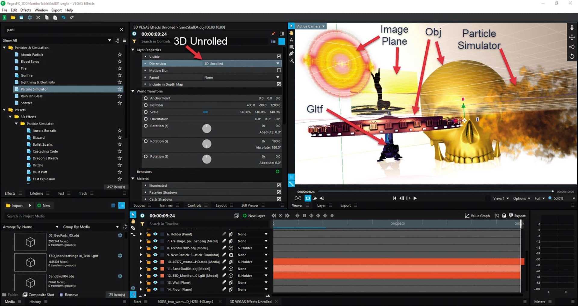 a vibrant digital workspace showcasing advanced 3d design software on a dark interface on the right a glowing golden skull hovers beside a swirling particle simulator bright graphic annotations label various elements while a layered timeline occupies the lower section conveying depth in creativity digital production A vibrant digital workspace showcasing advanced 3D design software on a dark interface. On the right, a glowing golden skull hovers beside a swirling particle simulator. Bright graphic annotations label various elements, while a layered timeline occupies the lower section, conveying depth in creativity.