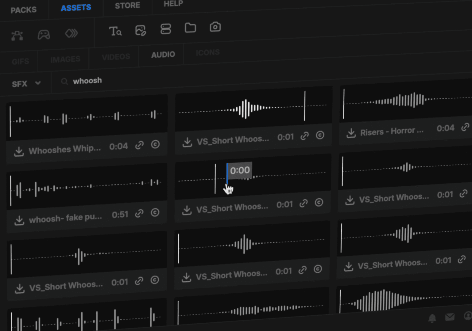 a dark interface displaying audio editing software featuring a grid of soundwave visualizations for various sound effects labeled whoosh and risers the rectangular soundbars varying in height and width represent different audio tracks creating a sense of organized chaos amid a professional digital workspace digital production A dark interface displaying audio editing software, featuring a grid of soundwave visualizations for various sound effects labeled 'whoosh' and 'risers.' The rectangular soundbars, varying in height and width, represent different audio tracks, creating a sense of organized chaos amid a professional digital workspace.