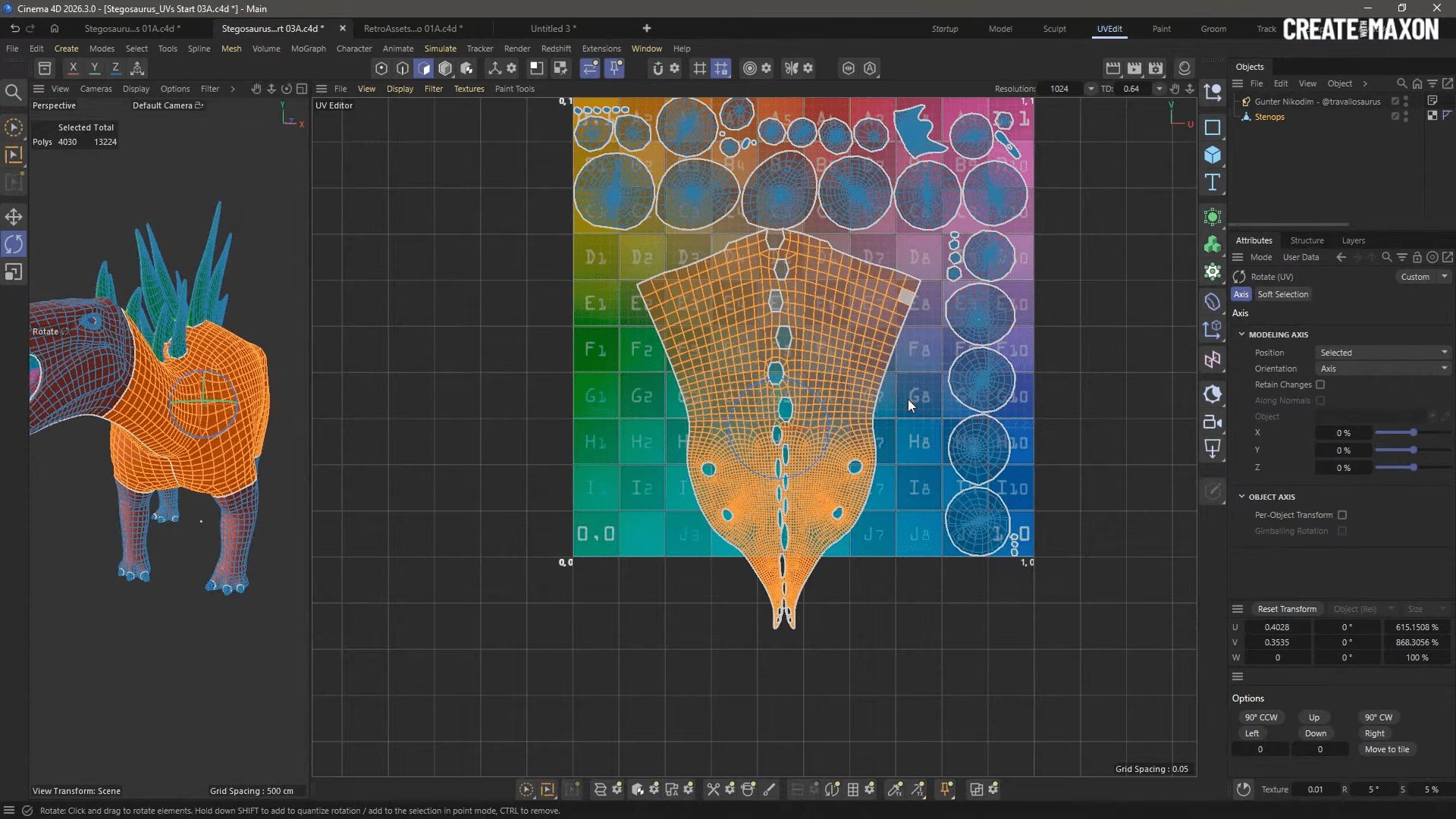 a digital 3d modeling interface displaying a stylized creature with vibrant orange and blue textures on the right a color palette grid showcases circular and hexagonal patterns while the grid lines create a structured layout enhancing the creative workspace digital production A digital 3D modeling interface displaying a stylized creature with vibrant orange and blue textures. On the right, a color palette grid showcases circular and hexagonal patterns, while the grid lines create a structured layout, enhancing the creative workspace.