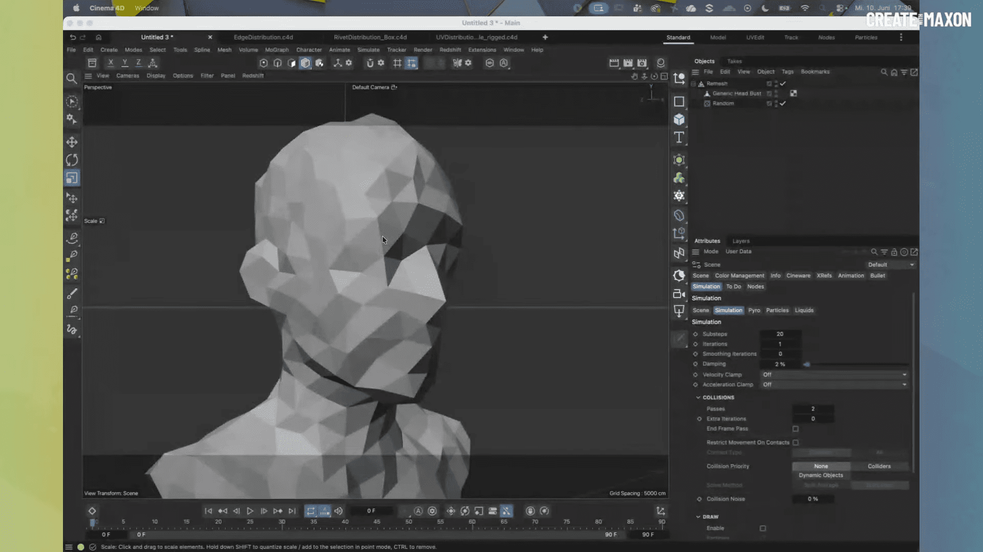 a lowpoly 3d model of a human head displayed on a digital screen the geometric shapes create a stylized yet abstract representation highlighting sharp angles and facets to the right modeling tools and settings are visible framing the model in an artists workspace digital production A low-poly 3D model of a human head displayed on a digital screen. The geometric shapes create a stylized yet abstract representation, highlighting sharp angles and facets. To the right, modeling tools and settings are visible, framing the model in an artist's workspace.