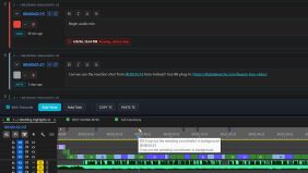 An editing interface displaying audio and video timelines with color-coded clips. Notes and tasks are visible alongside timestamps, organized within a dark-themed layout. The sleek design emphasizes functionality, showing a detailed workflow for wedding highlight editing.