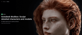 A close-up 3D render of a red-haired female face with pale skin and freckles, shown in profile against a black background. Soft light highlights the detailed Mudbox sculpted modeling, with the Autodesk Mudbox title and product text arranged on the left.