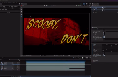A dark video-editing workspace fills the screen, centered on a preview of bold yellow comic-style text reading “SCOOBY, DON’T” over a red-tinted frame. Side panels, toolbars, and a multitrack timeline surround the preview, creating a technical, layered layout with black, gray, and red tones.