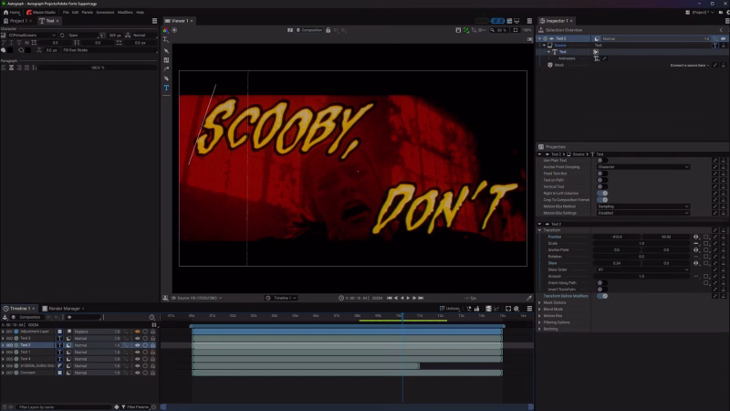 A dark video-editing workspace fills the screen, centered on a preview of bold yellow comic-style text reading “SCOOBY, DON’T” over a red-tinted frame. Side panels, toolbars, and a multitrack timeline surround the preview, creating a technical, layered layout with black, gray, and red tones.