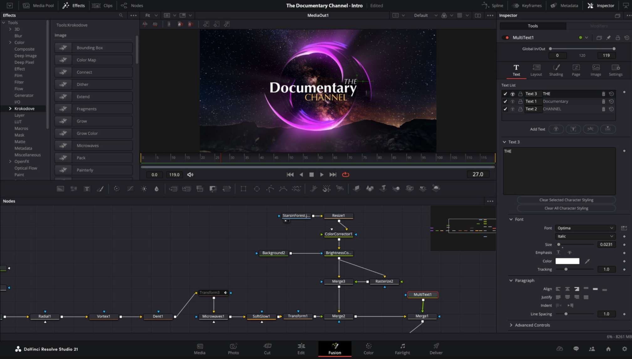 DaVinci Resolve Studio 21 Fusion page with a node graph and viewer showing a glowing purple ring title reading The Documentary Channel over a starry sky